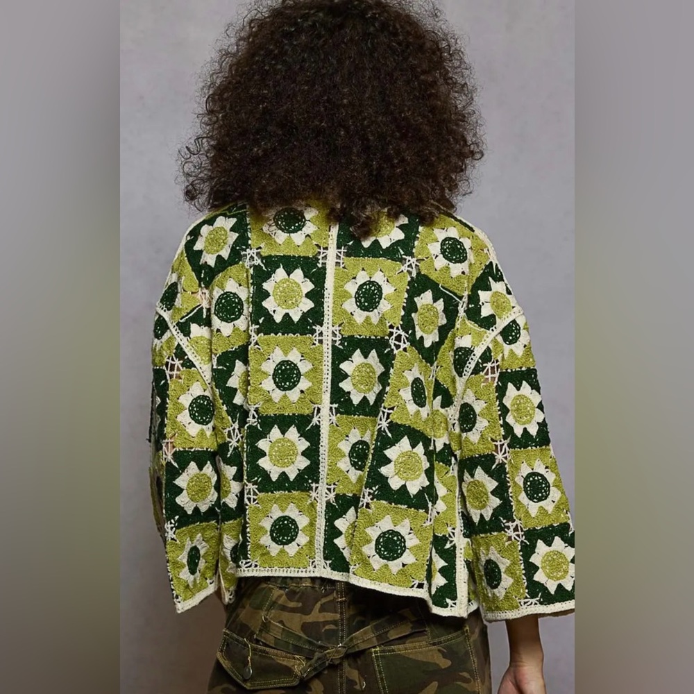 NEW POL Granny Crochet Boho Open Cardigan Olive Multi 3/4 Sleeve Festival OS - Picture 3 of 5